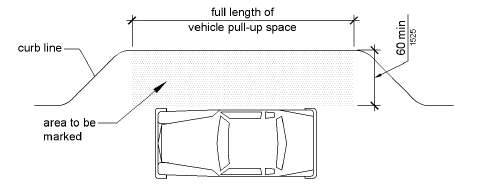 An access aisle at a passenger loading zone is shown to be the full length of the vehicle pull-up space and 60 inches (1525 mm) wide minimum. The aisle area is to be marked.