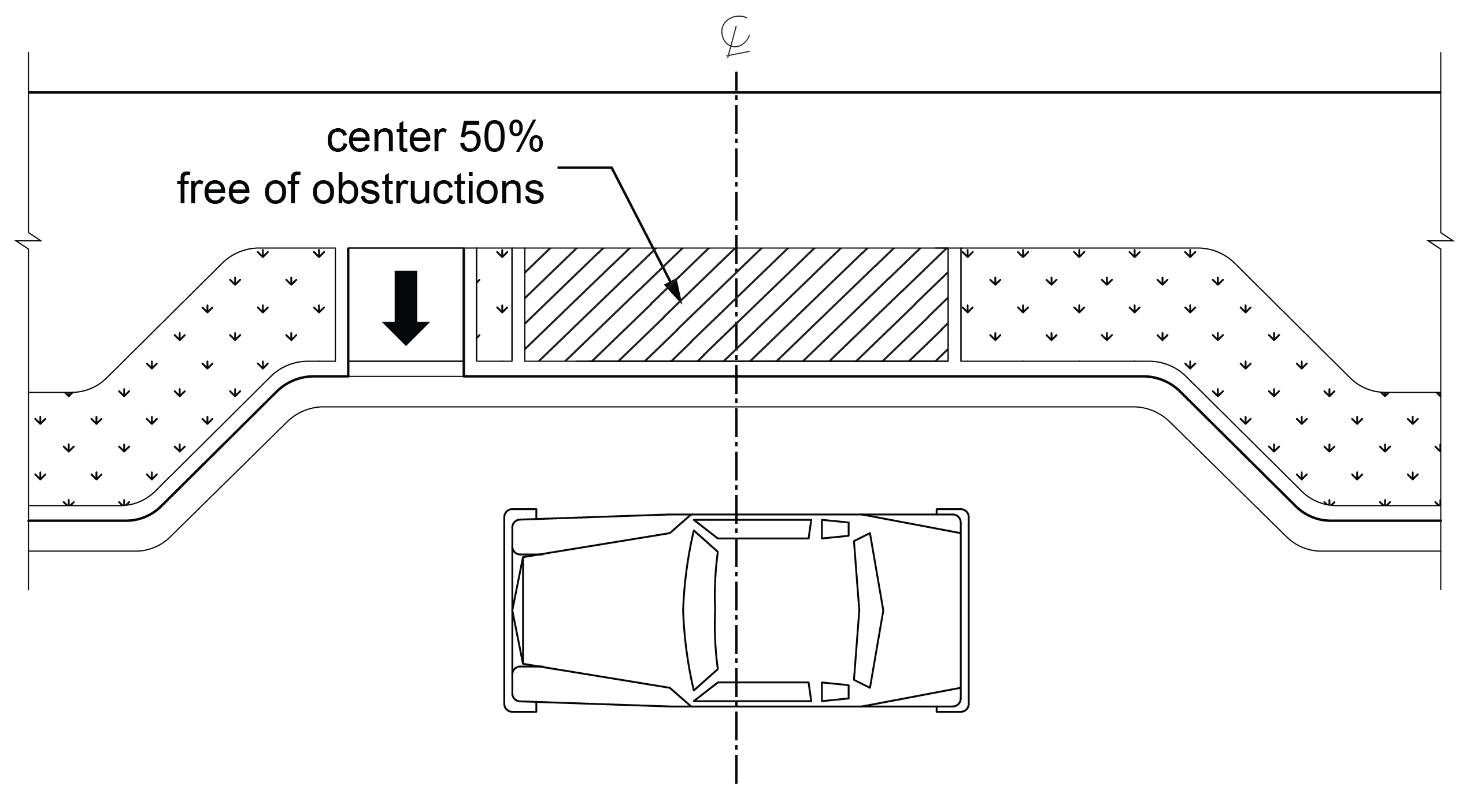 On street parking space with fifty percent of the adjacent sidewalk clear of obstructions centered on the vehicle space.