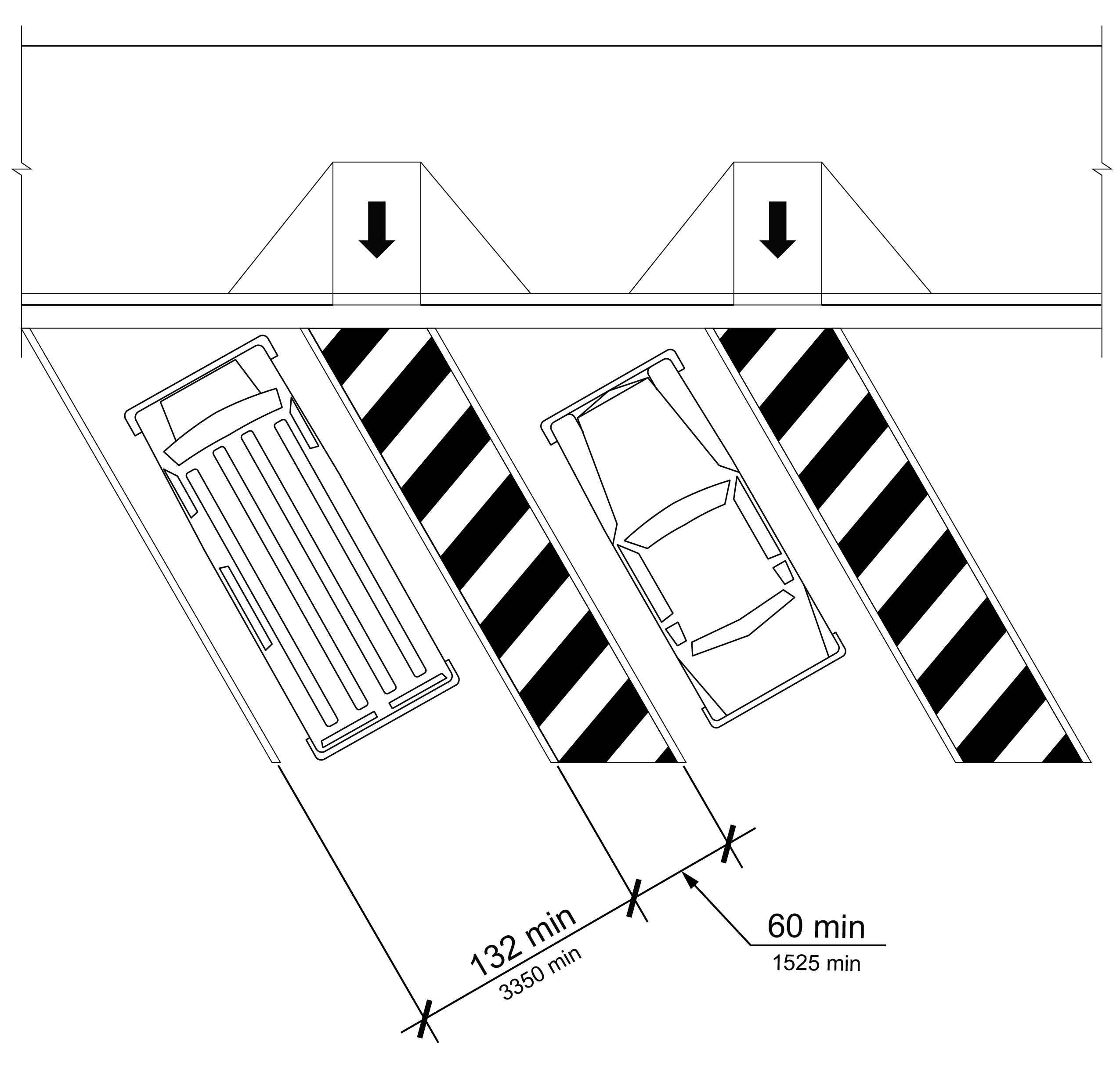 Plan view of angled parking spaces with an access aisle on passenger side of each space connected to a perpendicular curb ramp. The minimum widths of the vehicle space and access aisle are identified.