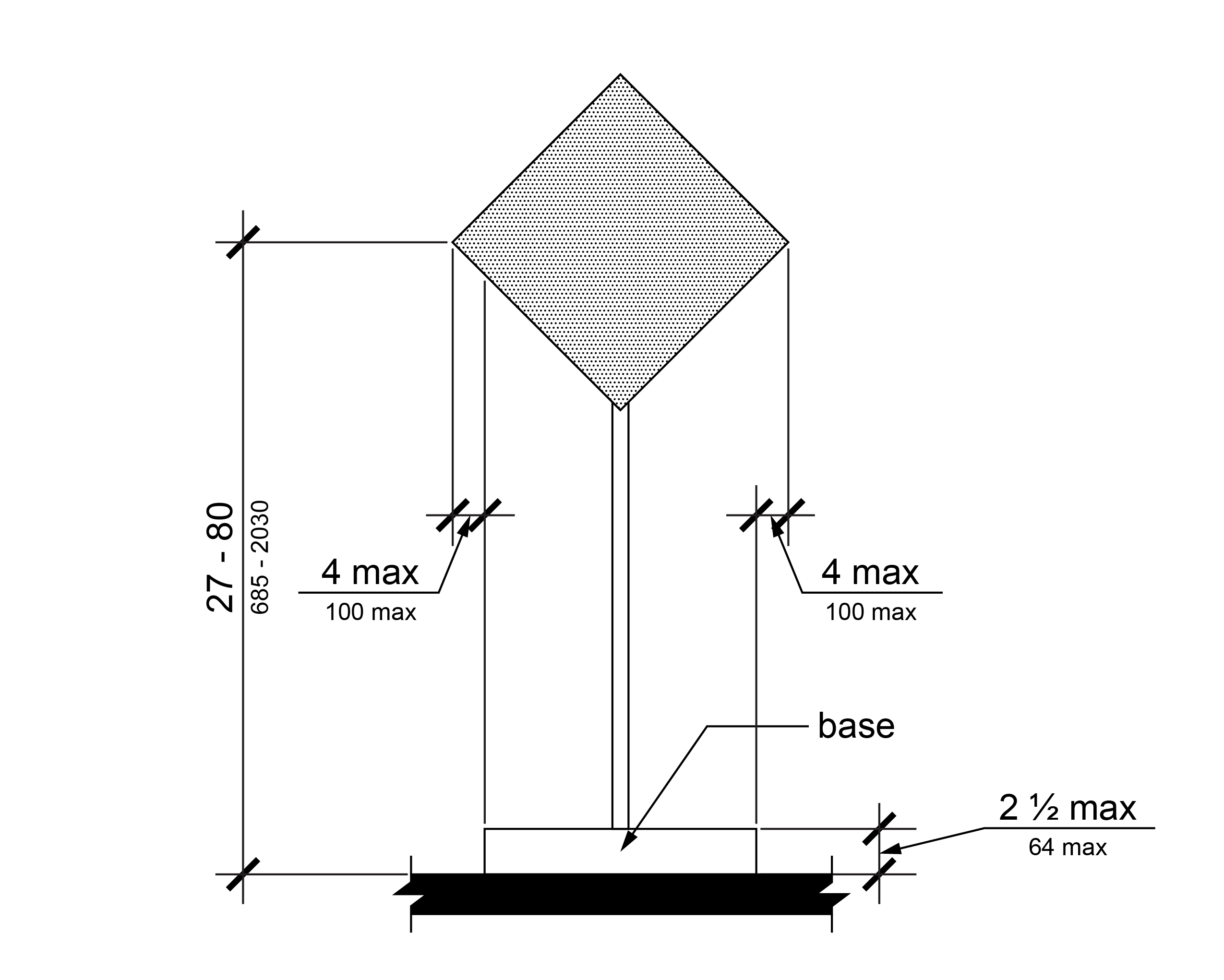 Elevation view of large diamond shaped sign with the side corners between twenty seven and eighty inches above the ground with the post mounted in a base. The side corners of the sign do not extend more than four inches beyond the base.